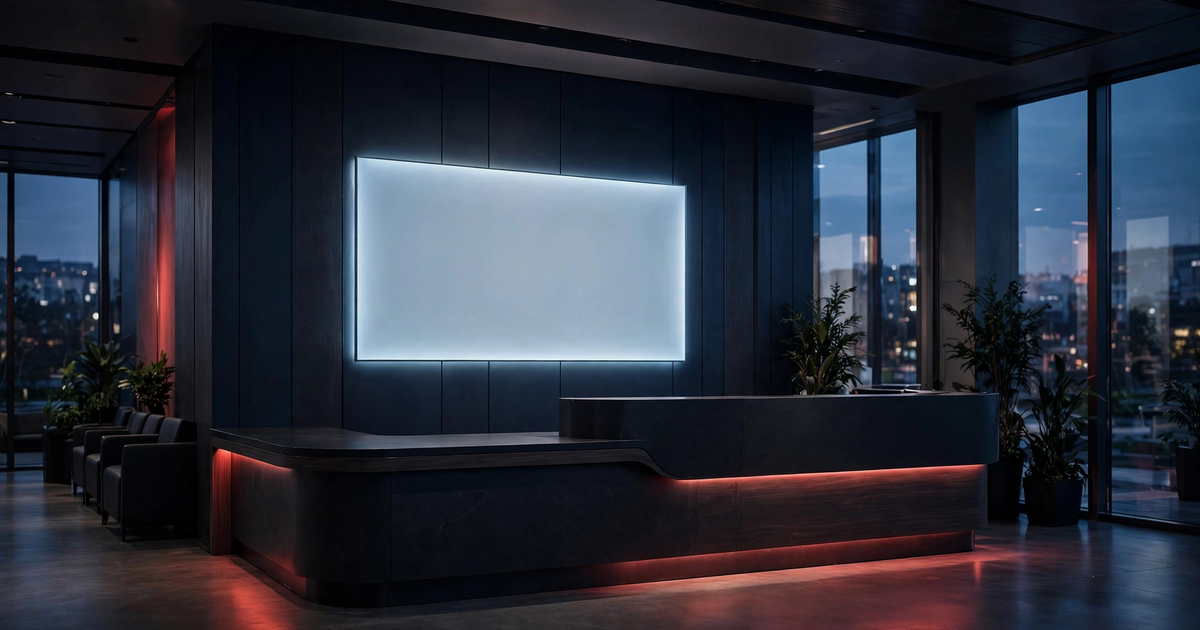 Modern clinic reception with an illuminated fee display board on the wall