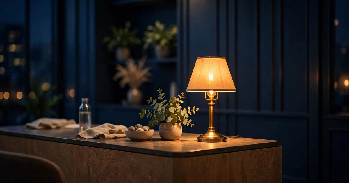 Warmly lit clinic reception desk in the evening with a welcoming glow