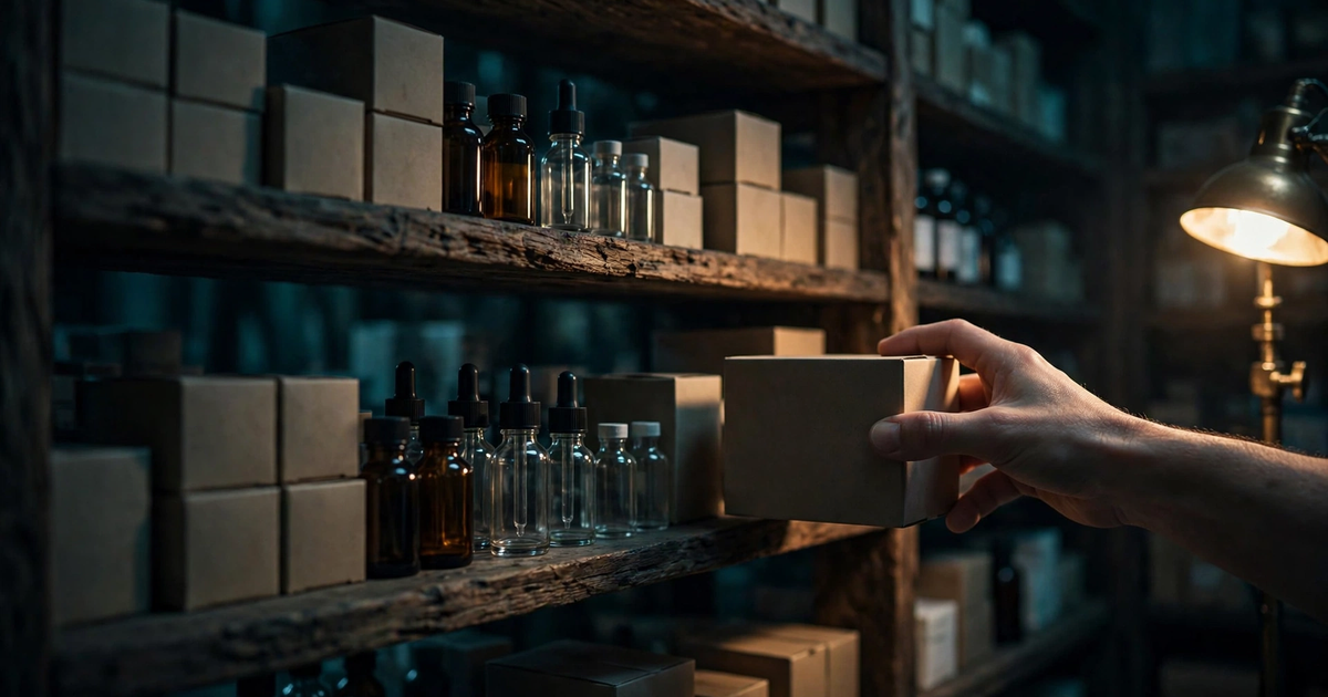 Close view of medicine stockroom shelves in moody low light with labeled boxes