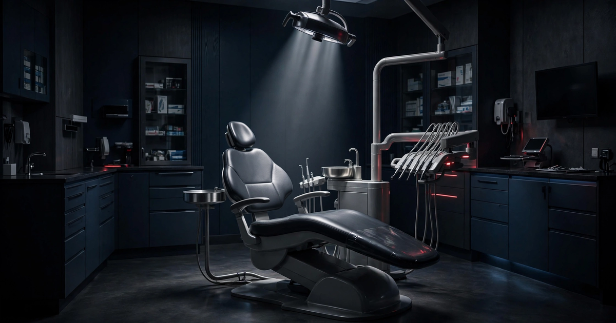 Modern dental clinic operatory with dental chair in dark premium lighting