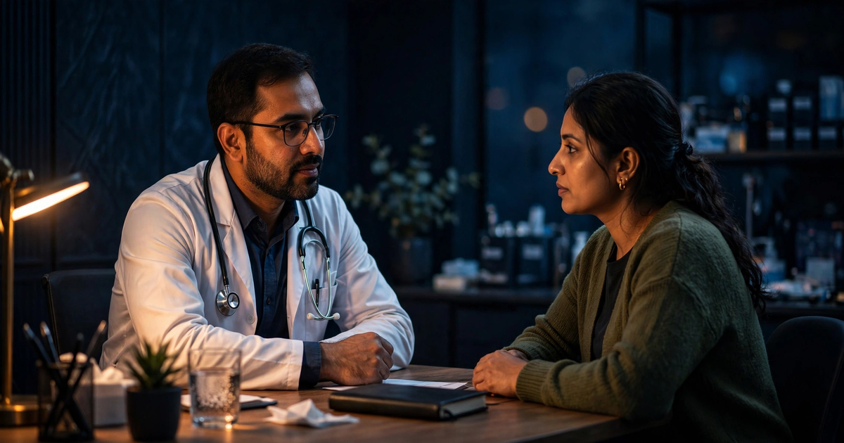 Doctor consulting with a returning patient in a modern clinic room