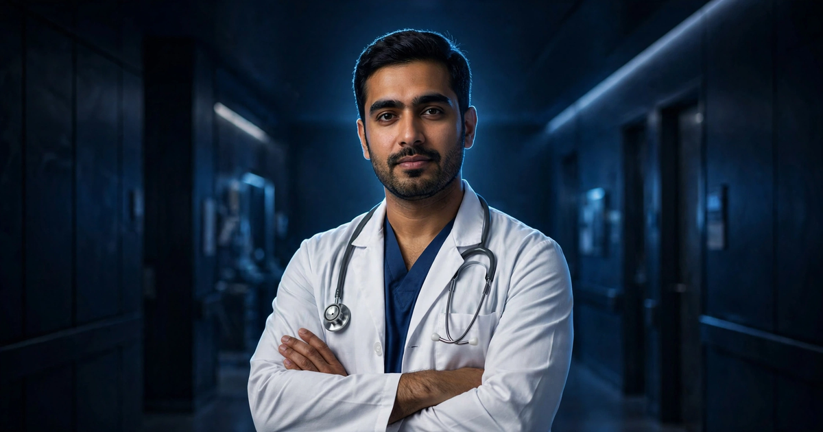 Confident doctor standing in a dark modern clinic corridor