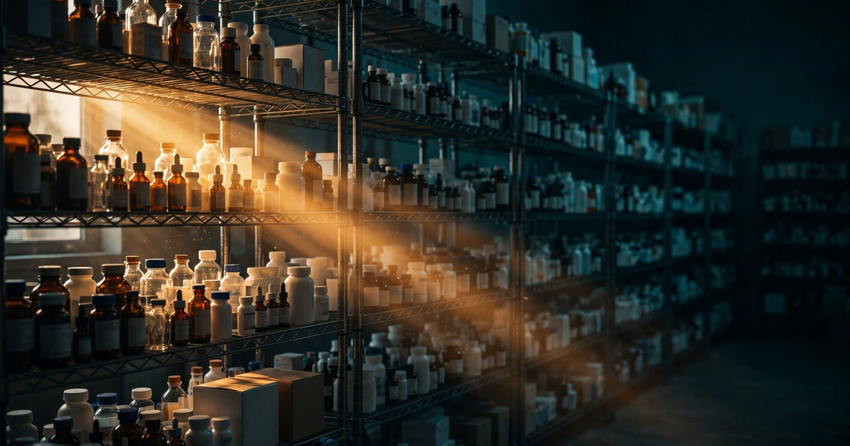Dark cinematic view of clinic medicine shelves stocked with boxes and bottles