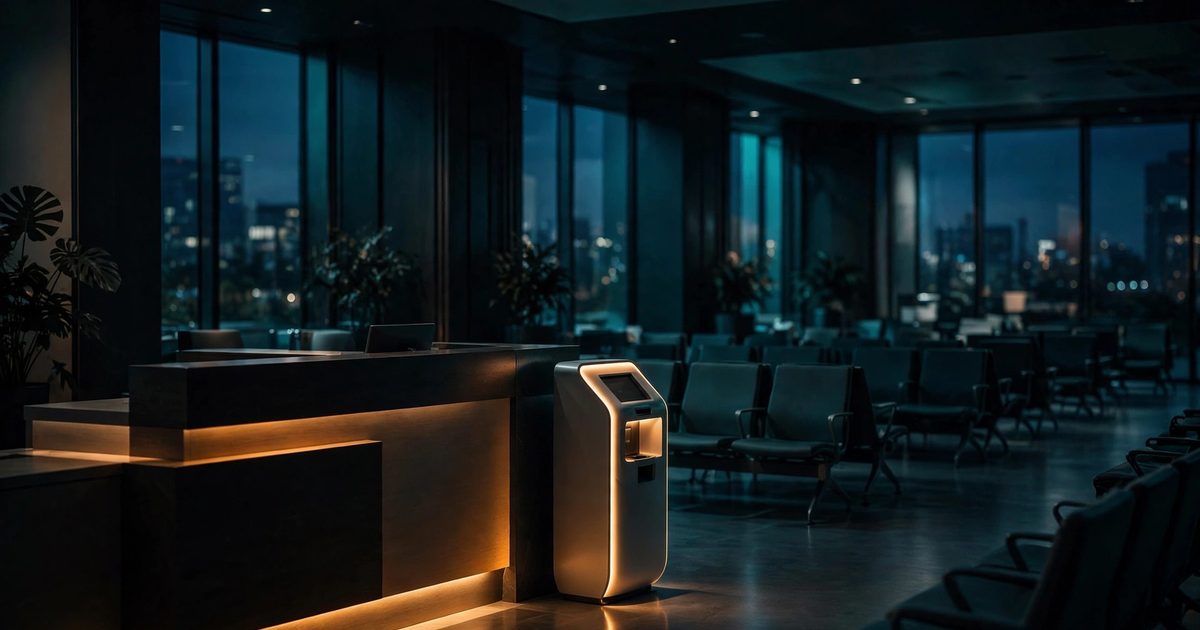 Dimly lit clinic reception with a token queue counter glowing in warm light