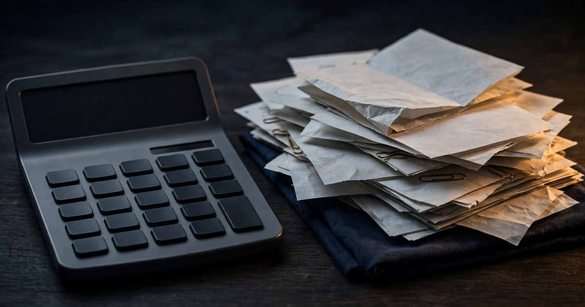 Calculator and clinic bills on a dark desk under moody lighting